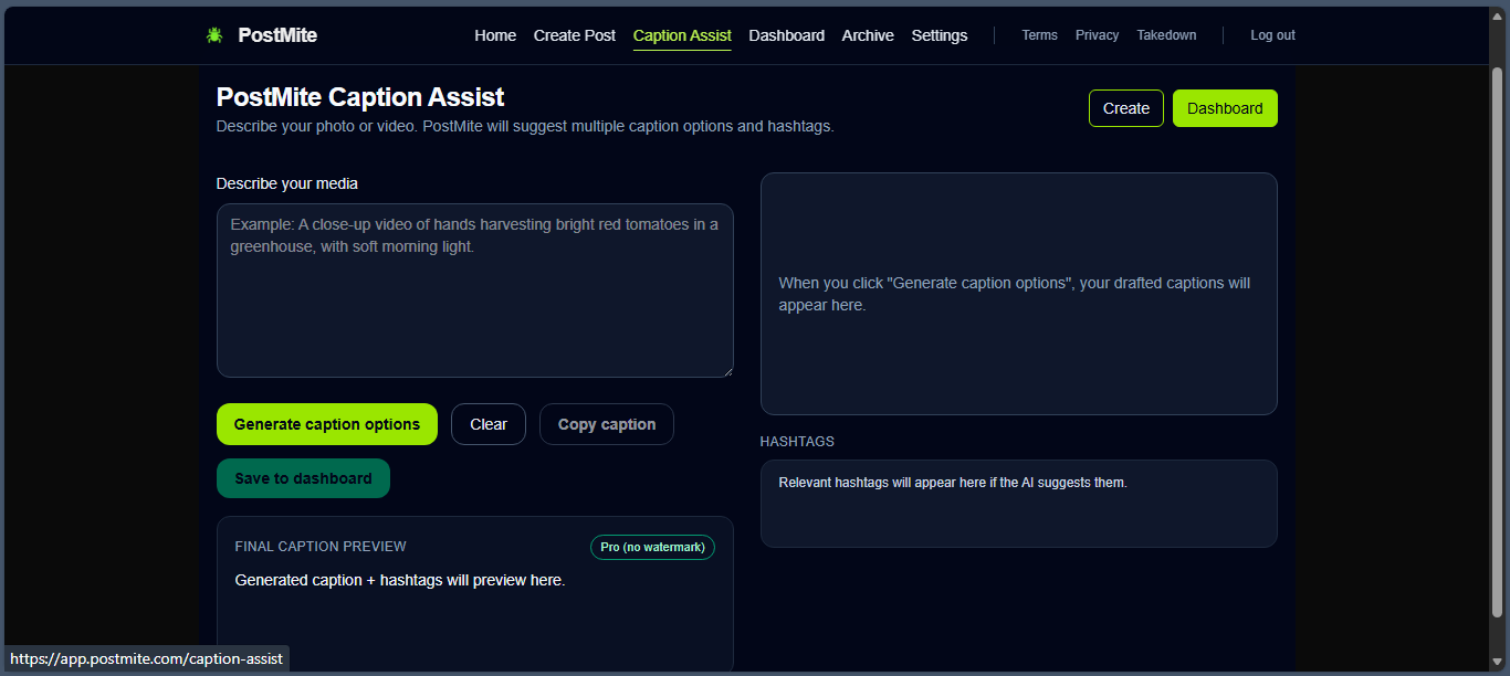 AI caption assistant in PostMite