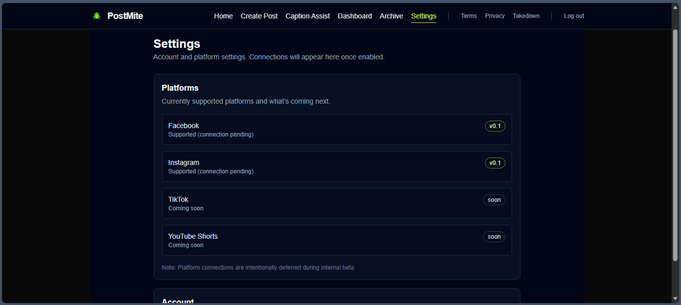 PostMite account settings